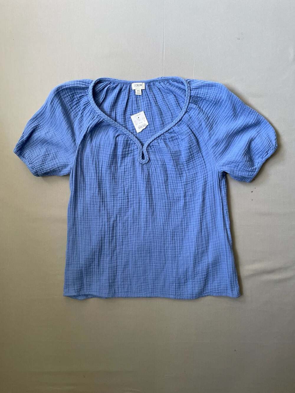 J.Crew Double Cloth Cotton Gauze Short Sleeve Blouse with Braided Neckline - Picture 3 of 5